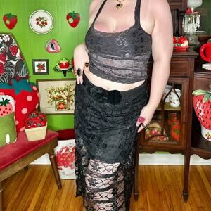 Whimsigoth grunge boho asymmetrical hi-low black sheer floral lace midi skirt